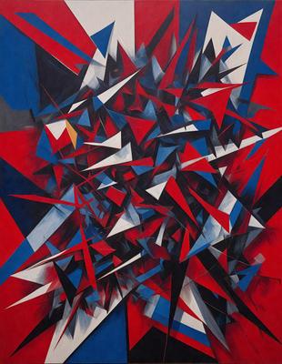 The primary subject of the image is a large, colorful, and abstract painting. The painting features a mix of red, blue, and white colors, creating a vibrant and dynamic visual experience. The setting is a wall, and the visual style appears to be a combination of digital art and illustration. The painting's colors and mood evoke a sense of energy and creativity.